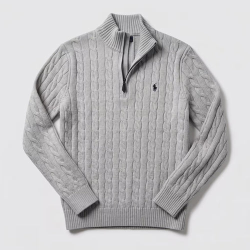 Suéter Polo Ralph Lauren Cable-Knit Meio Zíper Cinza Fawn Mescla