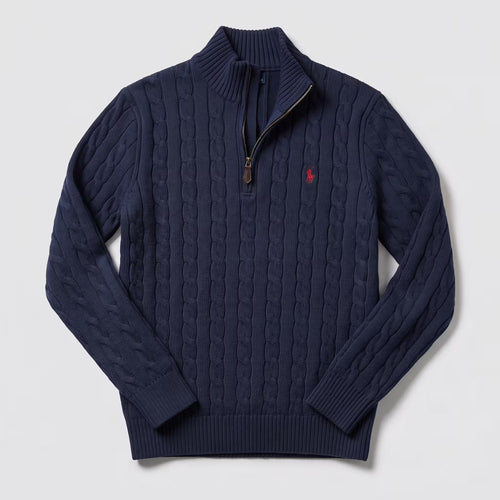 Suéter Polo Ralph Lauren Cable-Knit Meio Zíper Azul Marinho Hunter