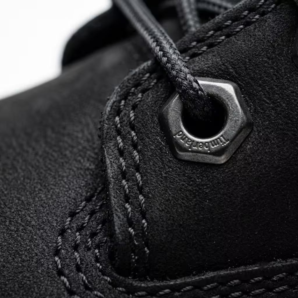Timberland Premium 6-Inch Boot Black TB110073001 quadruple stitching and hardware verification close-up.
