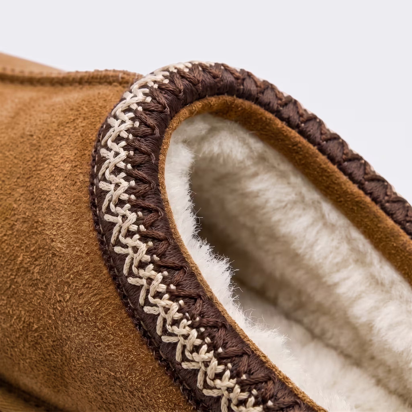 UGG Tasman Slipper Chestnut 1174671-CHE embroidered collar braid and twin-face sheepskin texture close-up.