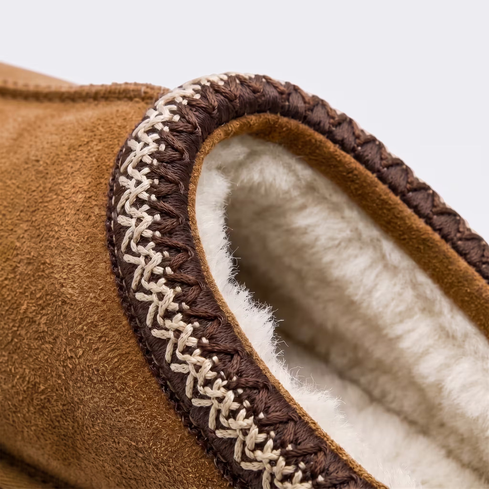 UGG Tasman Slipper Chestnut 1174671-CHE embroidered collar braid and twin-face sheepskin texture close-up.