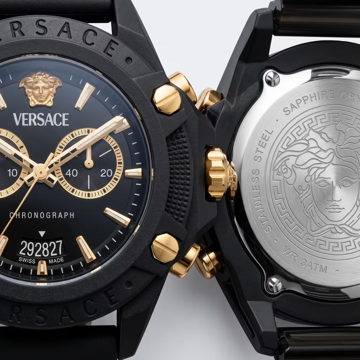 ساعة كرونوغراف Versace New Icon Active بحجم 44 مم أسود وذهبي