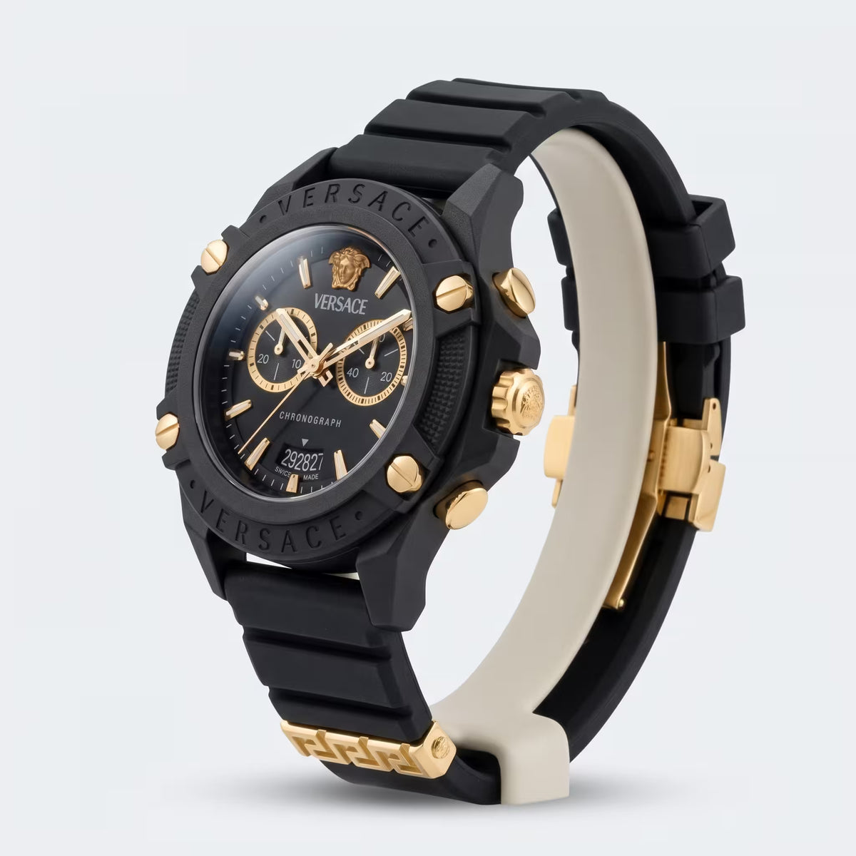 ساعة كرونوغراف Versace New Icon Active بحجم 44 مم أسود وذهبي